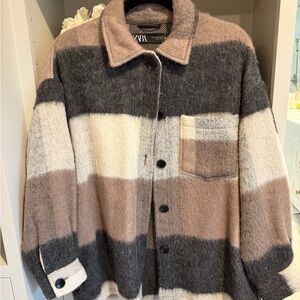 Zara Gray and Cream Wool-Blend Coat